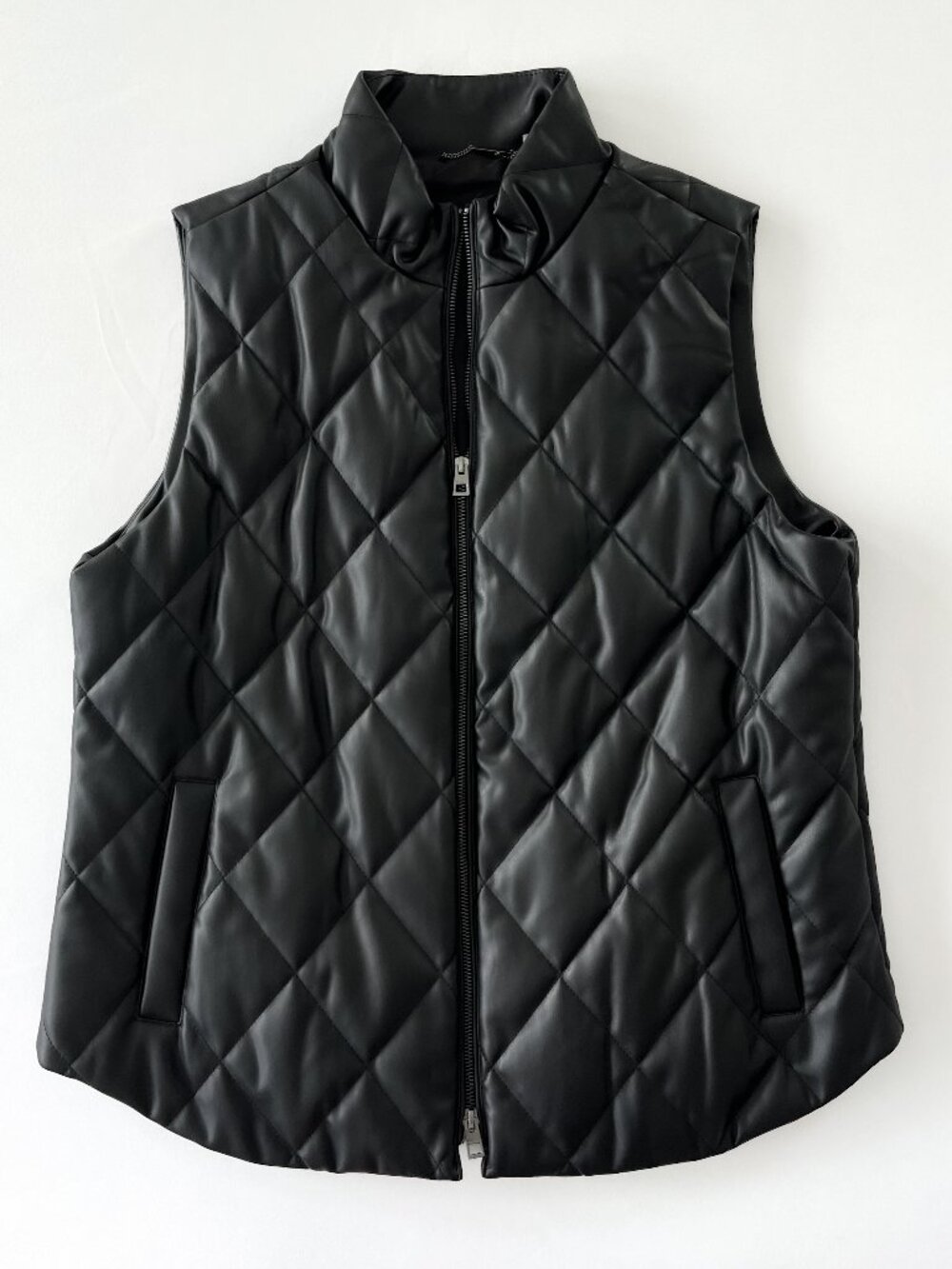 Chico’s Black Faux Leather Diamond Quilted Zip Vest Size 2 L